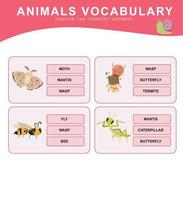 choisir le correct répondre. animaux vocabulaire. feuille de travail pour préscolaire. mots tester éducatif Jeu pour les enfants. vecteur déposer.