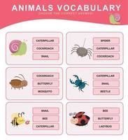 choisir le correct répondre. animaux vocabulaire. feuille de travail pour préscolaire. mots tester éducatif Jeu pour les enfants. vecteur déposer.