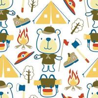 sans couture modèle vecteur de camping éléments dessin animé avec mignonne ours dans scout costume