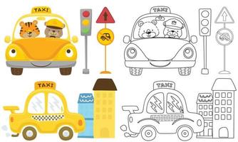 vecteur ensemble de dessin animé ville circulation élément avec mignonne ours et tigre sur Taxi, coloration livre ou page