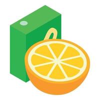 Orange jus icône isométrique vecteur. Frais mûr Orange moitié et jus emballage vecteur