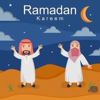 illustration dessinée à la main de la célébration du ramadhan et de l'eid fitr dans un style enfantin. petits garçons et filles vêtus de vêtements islamiques debout devant le modèle de conception de dessin animé de mosquée vecteur