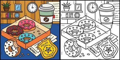 police badge, beignets, café coloration illustration vecteur