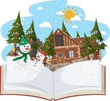 livre ouvert avec bonhomme de neige en hiver vecteur