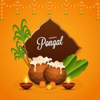 content pongal fête affiche conception avec traditionnel plat boue marmites, banane feuilles, allumé pétrole les lampes, canne à sucre, fleur guirlande sur Orange Contexte. vecteur