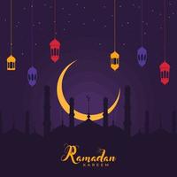 islamique saint mois de Ramadan kareem concept avec pendaison coloré lanternes, d'or croissant lune, et mosquée silhouette sur violet Contexte. vecteur