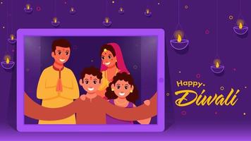 de bonne humeur Indien famille prise selfie ensemble de téléphone intelligent et allumé pétrole les lampes décoré violet Contexte pour content Diwali. vecteur