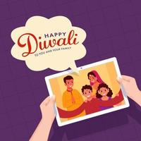 main en portant photo Cadre de Indien famille avec donné message content diwali à toi, votre famille sur violet la grille Contexte. vecteur