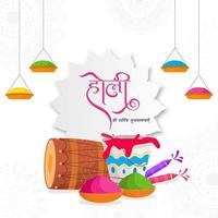 battre vœux de Holi dans hindi Langue avec dhol, l'eau pistolet, Couleur boules et seau sur blanc Contexte. vecteur