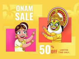 onam vente affiche conception avec remise offre, de bonne humeur femme et Kathakali Danseur sur Jaune Contexte. vecteur