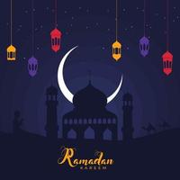 islamique saint mois de Ramadan kareem concept avec pendaison coloré lanternes, croissant lune, et mosquée silhouette sur bleu Contexte. vecteur