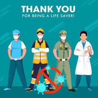remercier vous à tout le guerriers qui combat pour nous dans cette crise tel comme médecin, police, essentiel ouvriers étant une sauveur. Arrêtez coronavirus concept. vecteur