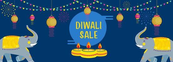 diwali vente entête ou bannière conception avec dessin animé deux les éléphants, illuminé pétrole les lampes, pendaison lanternes et éclairage guirlande décoré sur bleu Contexte. vecteur