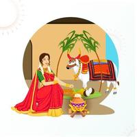 magnifique femme cuisine riz dans boue pot avec bœuf personnage, des fruits, Indien sucré et canne à sucre sur abstrait Contexte. vecteur