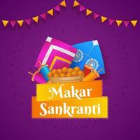 makar sankranti concept avec cerfs-volants, chaîne bobines, Indien sucré et bruant drapeaux sur violet Contexte. vecteur