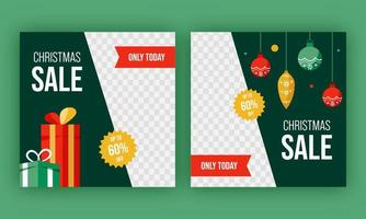 Noël vente affiche conception ensemble avec remise offre, cadeau des boites, pendaison babioles sur png et vert Contexte. vecteur