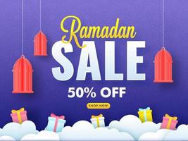 Ramadan vente affiche conception avec remise offre, cadeau boîte et pendaison papier Couper lanternes sur des nuages violet islamique modèle Contexte. vecteur