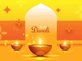 brillant Jaune et Orange Contexte décoré avec fleurs et allumé pétrole les lampes sur le occasion de content Diwali. vecteur