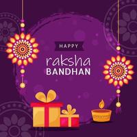 content raksha bandhan texte avec décoratif floral rakis, illuminé pétrole lampe et cadeau des boites sur violet Contexte. vecteur