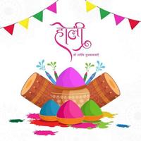 hindi Langue meilleur vœux de Holi avec tambours, l'eau pistolet, boules et boue pot plein de sec couleurs sur blanc Contexte. vecteur