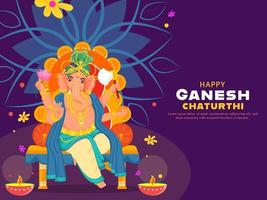 hindou mythologie Seigneur ganesha à trône idole avec illuminé pétrole les lampes et fleurs décoré sur violet Contexte pour content ganesh chaturthi. vecteur