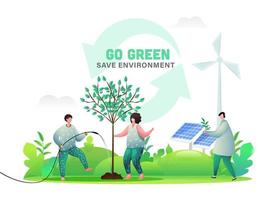 aller vert enregistrer environnement concept avec illustration de gens jardinage, solaire panneau et Moulins à vent sur la nature Contexte. vecteur