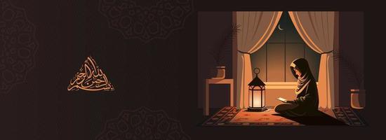 arabe islamique calligraphie de vœux dans le Nom de Allah, plus gracieux, plus miséricordieux et musulman Jeune femme en train de lire coran livre, illuminé arabe lampe dans nuit. vecteur
