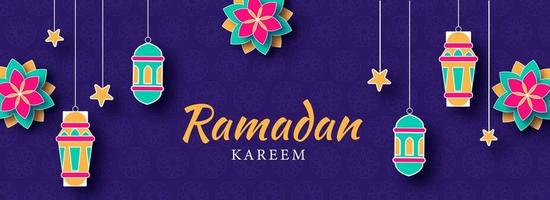islamique saint mois de Ramadan bannière avec coloré éclairant lanternes, et fleur motifs sur violet texturé Contexte. vecteur