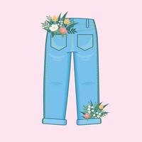 griffonnage plat clipart. une mignonne paire de unisexe jeans avec une bouquet de fleurs sauvages dans le poche. tout couleurs sont facile à changement. vecteur