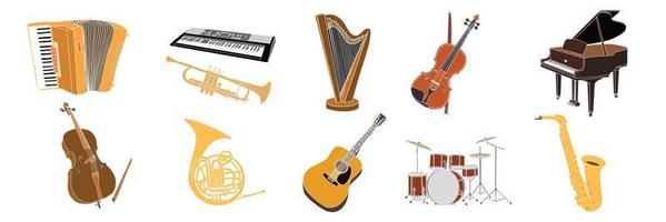 collection de main tiré Couleur musical instruments. accordéon, trompette, harpe, violon, piano, violoncelle, tambouriner, guitare, saxophone. vecteur illustration.