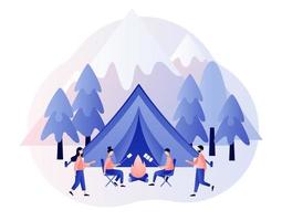 camping concept. minuscule gens dans été camp avec tente, feu de camp, montagnes et forêt. la nature tourisme. moderne plat dessin animé style. vecteur illustration sur blanc Contexte