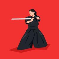 femelle samouraï dans kimono vêtements en portant katana. isolé sur rouge Contexte. concept de Japonais, activité, tradition. dessin animé plat vecteur illustration.