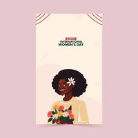 content international aux femmes journée verticale bannière avec africain Jeune femme personnage en portant bouquet. vecteur