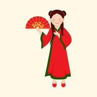chinois Jeune fille personnage en portant plié ventilateur avec 2023 nombre sur beige Contexte. vecteur