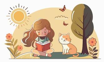 mignonne fille personnage en train de lire livre avec dessin animé chat séance, papillons sur Soleil la nature Contexte. vecteur