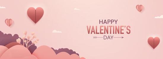 content la Saint-Valentin journée bannière ou entête conception avec papier cœurs, des nuages et l'amour plante sur rose Contexte. vecteur