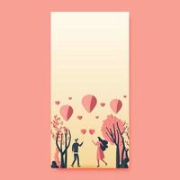 dessin animé illustration de Jeune couple en portant cœur des ballons et la nature vue sur pastel Orange Contexte. la Saint-Valentin journée concept. vecteur