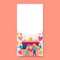 vecteur illustration de dessin animé Jeune les filles en portant cœur et coloré cœurs à venir en dehors de une boîte avec copie espace. verticale bannière ou modèle conception.