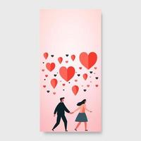 en marchant Jeune homme et femme en portant mains avec en volant cœur formes sur pastel rose Contexte. l'amour concept. vecteur