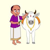 Sud Indien homme alimentation herbe à une taureau ou vache sur pastel Jaune Contexte. vecteur