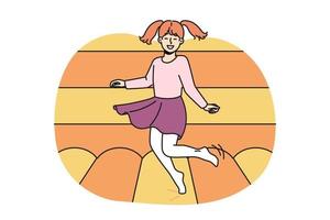 souriant peu fille enfant sauter sur trampoline. content enfant avoir amusement sur Cour de récréation, prendre plaisir en jouant dans gonflable château. vecteur illustration.