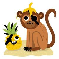 vecteur pirate singe avec souriant ananas. mignonne un œil animal et fruit illustration. Trésor île chasseur avec banane peau. marrant pirate fête scène pour enfants. tropique singe image avec œil pièce