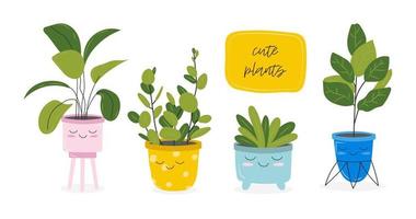 cartes postales avec une image de une plante d'appartement dans une pot avec une slogan à propos une ami. mignonne kawaii plantes d'intérieur avec dernièrement, les plantes sont amis. vecteur illustration isolé sur blanc Contexte.