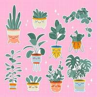 ensemble de mignonne autocollants de kawaii plantes d'intérieur dans fleur marmites. exotique végétaux, monstera et autre décoratif fleurs. vecteur Stock illustration. enfants illustration de autocollants pour enfants.