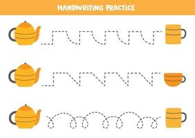 traçant des lignes avec des tasses à thé et une théière. pratique de l'écriture. vecteur