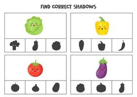 trouver l'ombre correcte de légumes mignons. jeux de cartes à clips imprimables pour enfants. vecteur