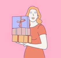 vacances, cadeau, concept de célébration. jeune heureux joyeux souriant excité femme fille tenant le présent. illustration de cadeau de Noël ou d'anniversaire de nouvel an. vecteur