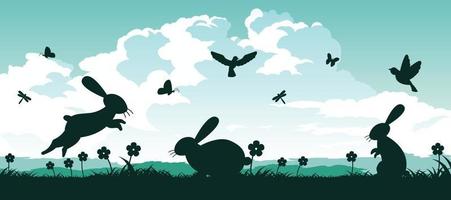 scène de pâques silhouette avec des lapins et des oeufs vecteur