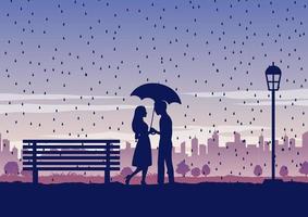 silhouette de personnes dans le parc, couple avec parapluie amoureux vecteur