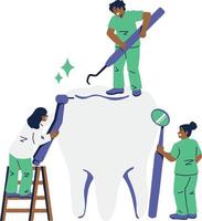 dentaire se soucier et traitement concept. minuscule dentiste personnages avec énorme les dents nettoyage avec brosse à dents et brosse à dents vecteur illustration